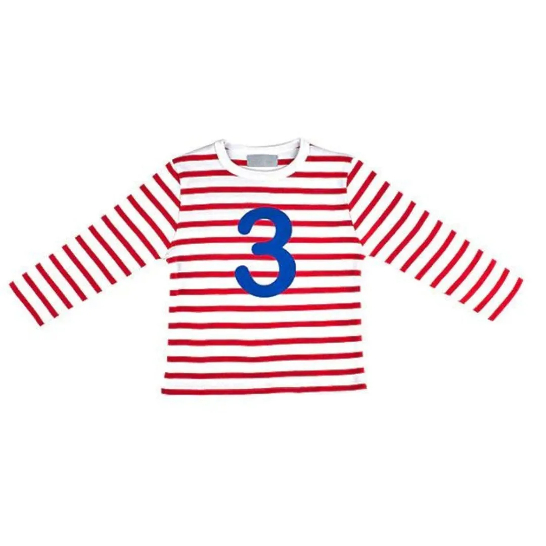 Bob & Blossom: Red & White Breton Striped Number 3 T-Shirt