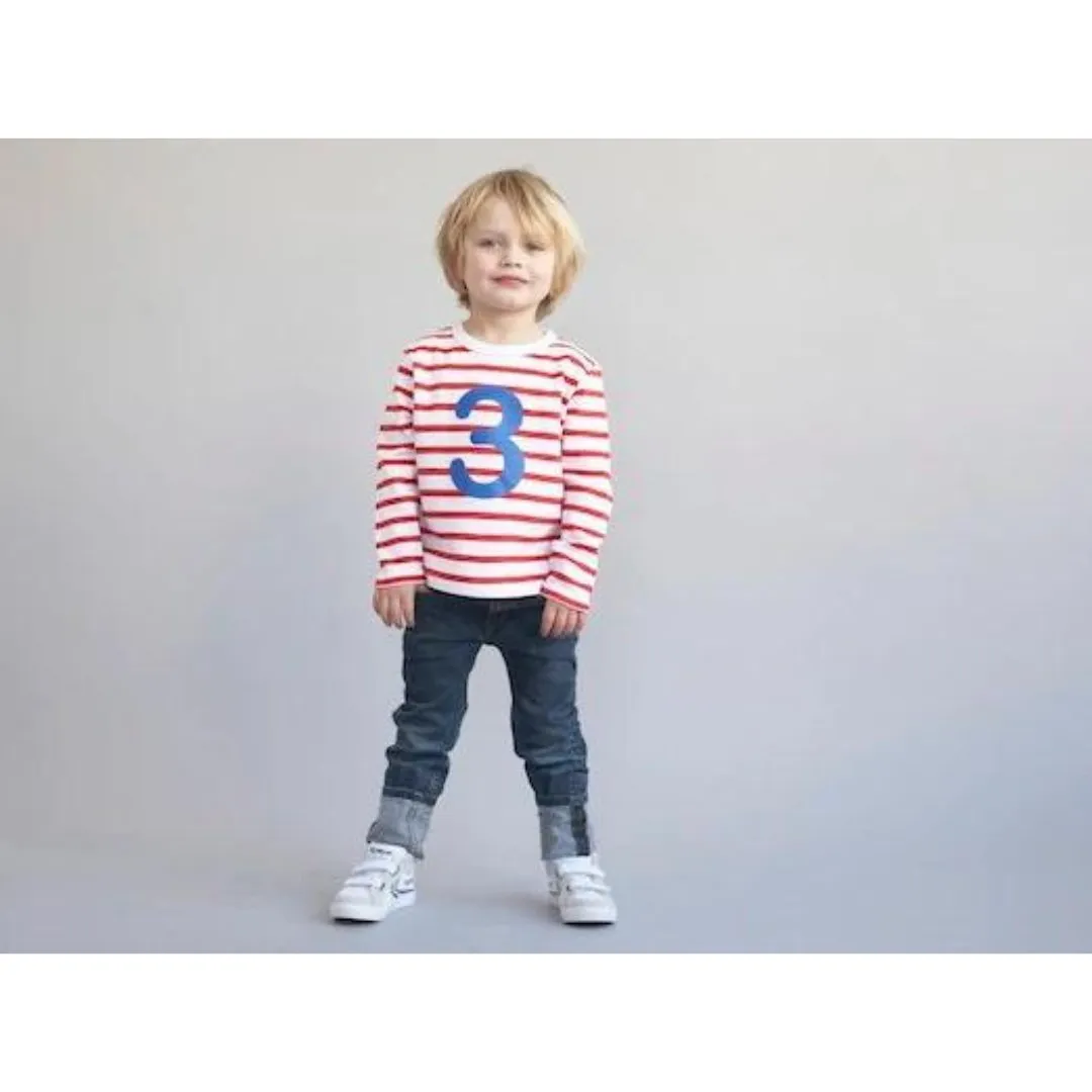 Bob & Blossom: Red & White Breton Striped Number 3 T-Shirt