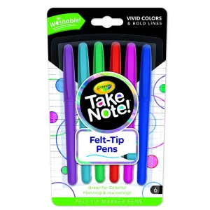 CRAYOLA TAKE NOTE! WASHABLE FELT-TIP MARKER PENS 6 PACK