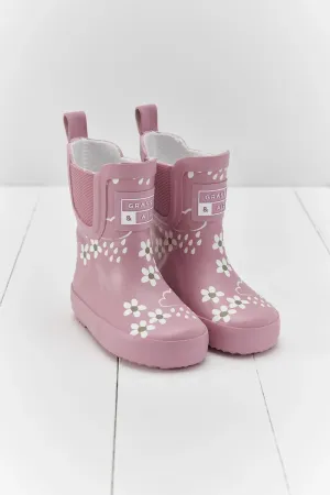 Grass & Air: Pink Bloom Floral Short Colour-Changing Kids Wellies