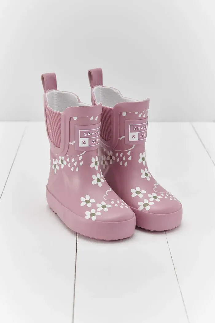 Grass & Air: Pink Bloom Floral Short Colour-Changing Kids Wellies