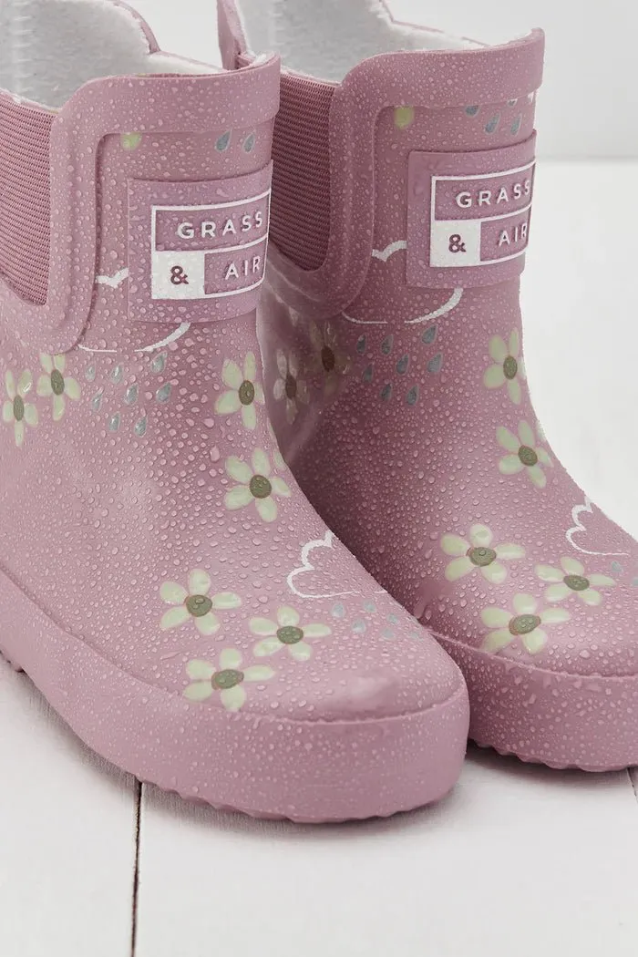 Grass & Air: Pink Bloom Floral Short Colour-Changing Kids Wellies