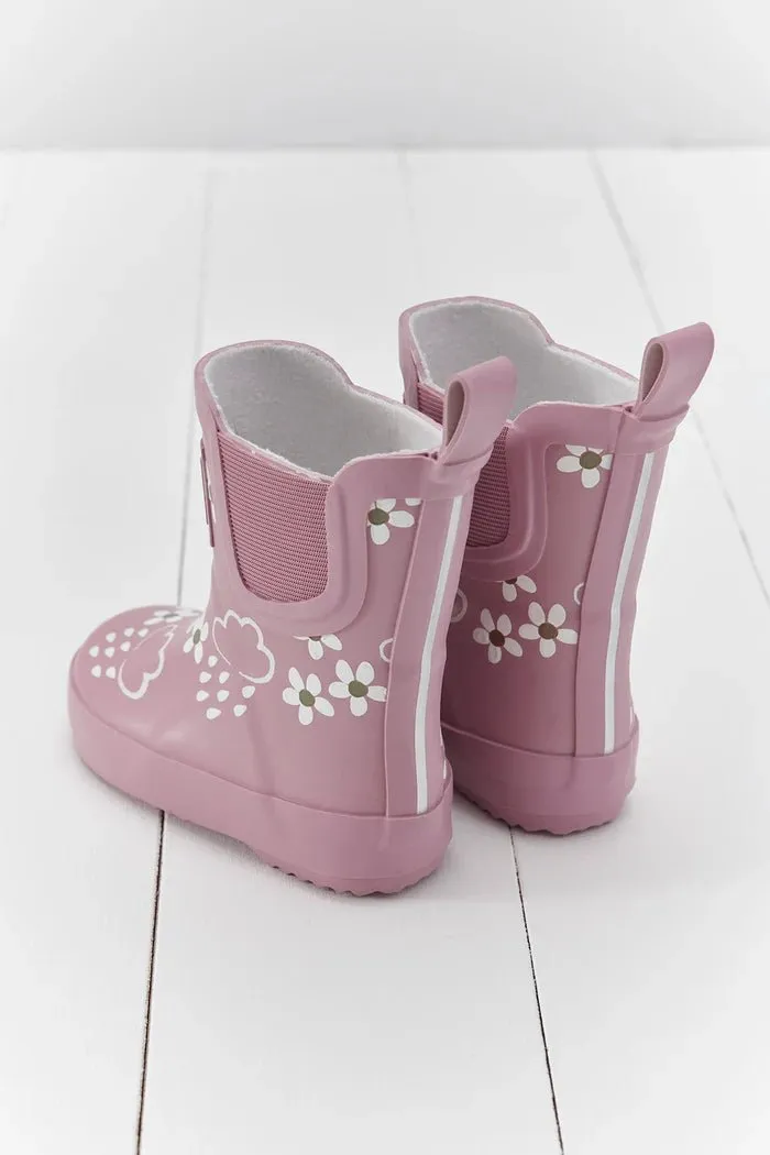 Grass & Air: Pink Bloom Floral Short Colour-Changing Kids Wellies