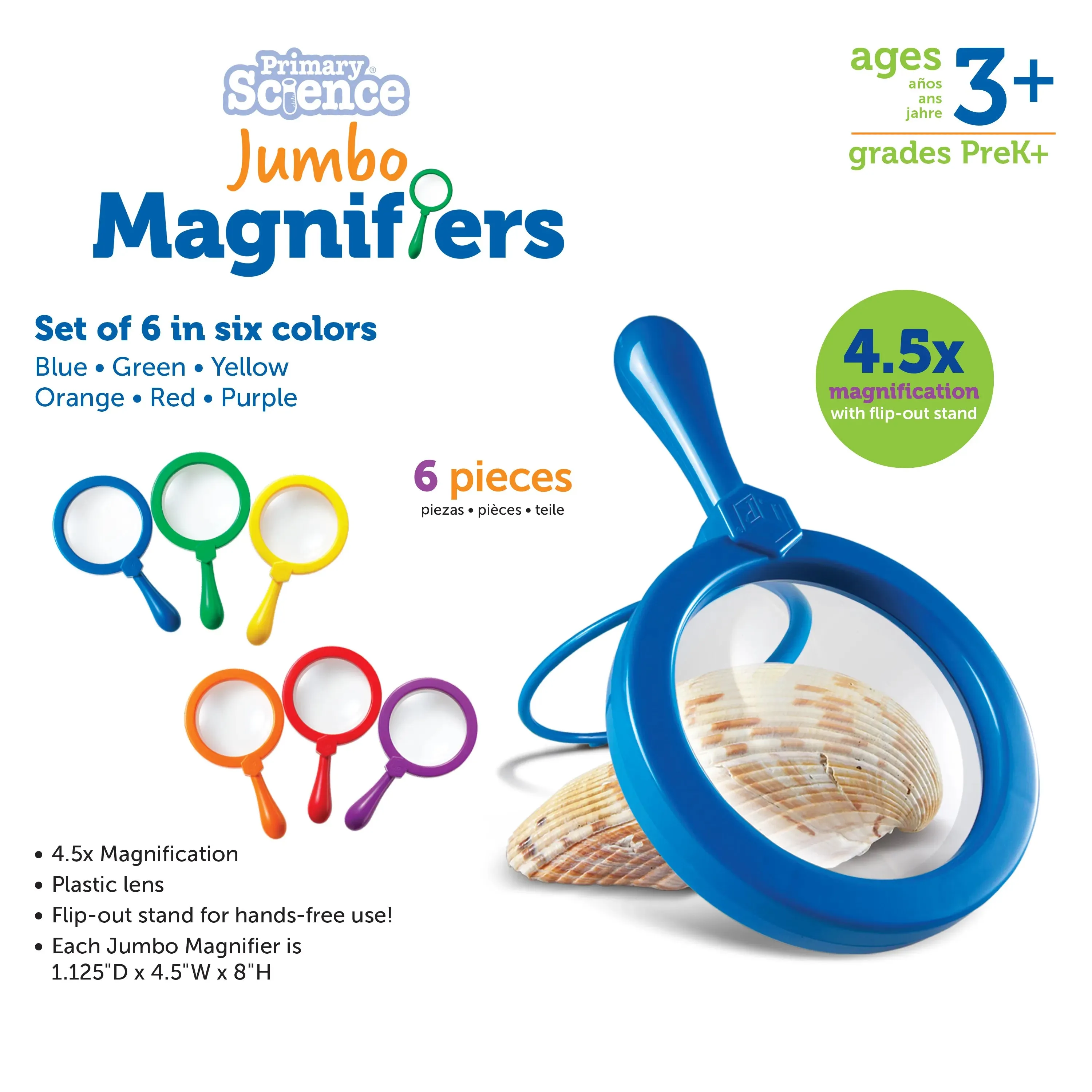 Learning Resources Primary Science Jumbo Magnifiers, Set of 6