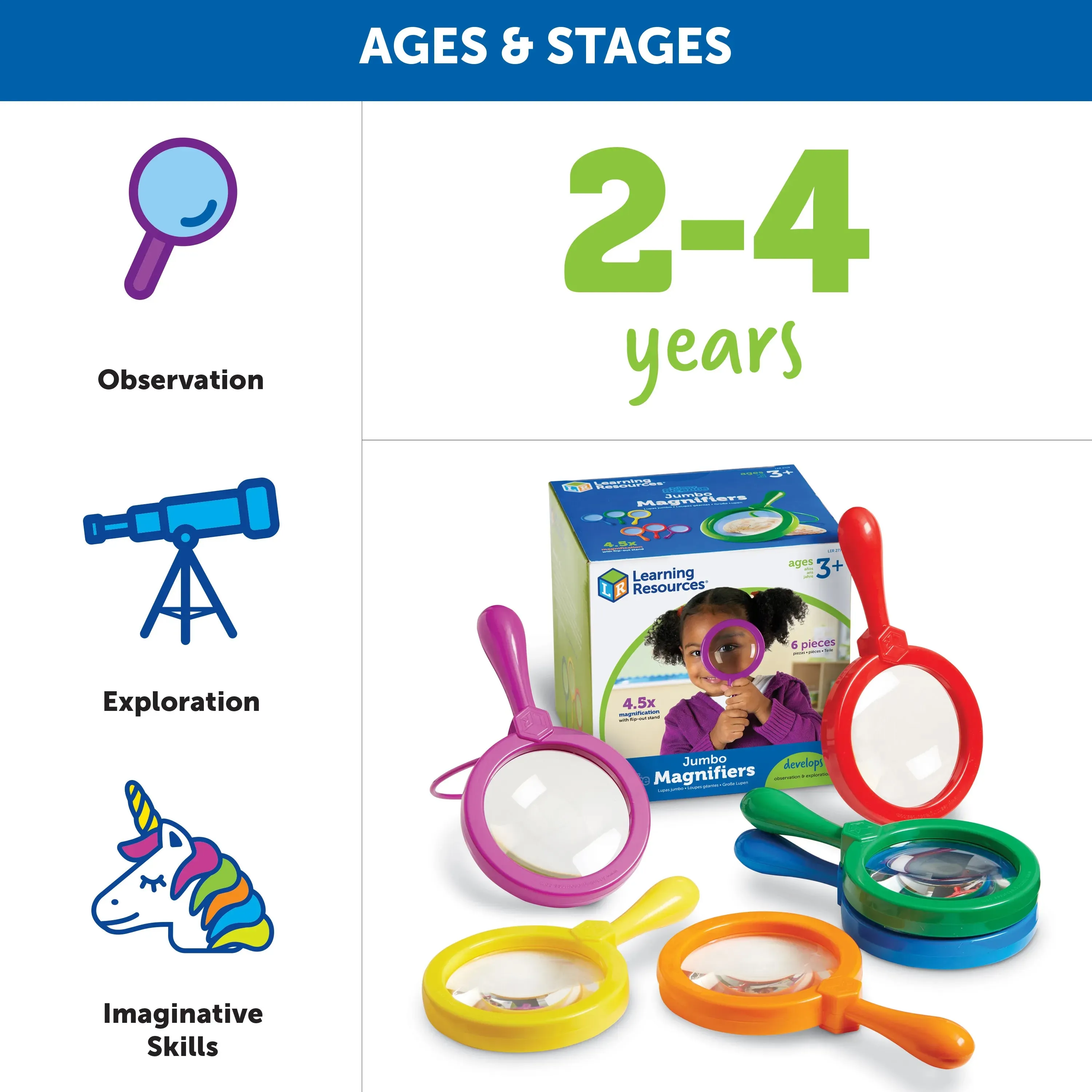Learning Resources Primary Science Jumbo Magnifiers, Set of 6
