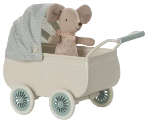 Maileg: Pram With Baby Mouse - Mint