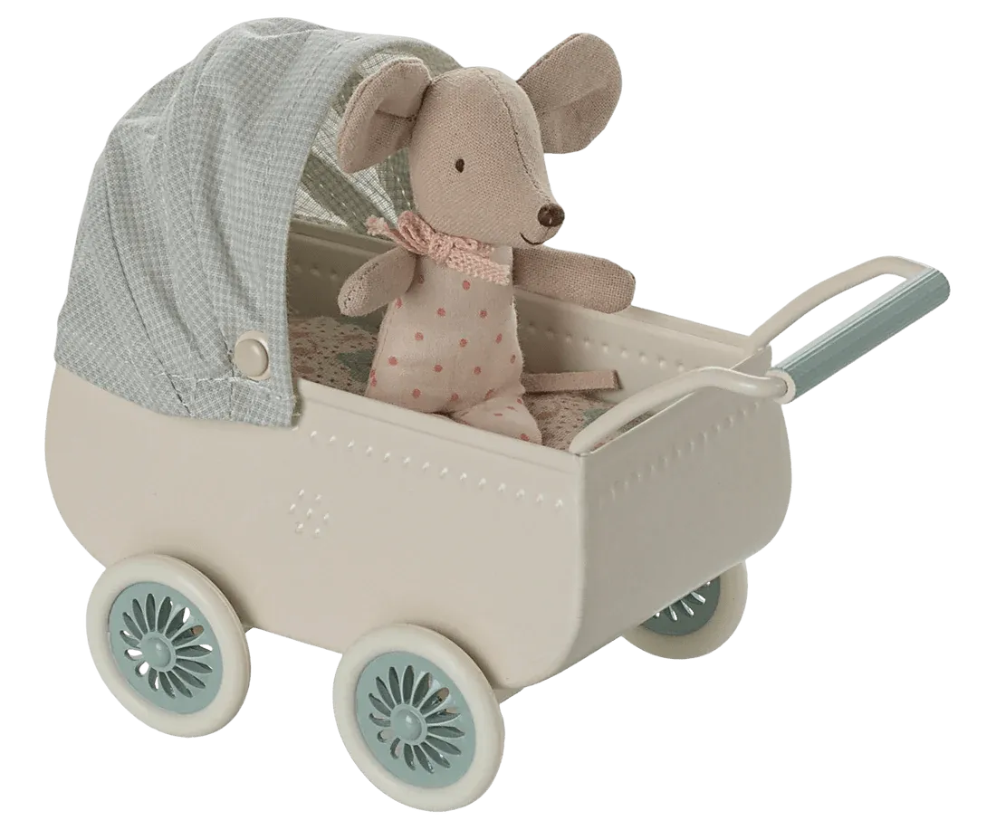 Maileg: Pram With Baby Mouse - Mint
