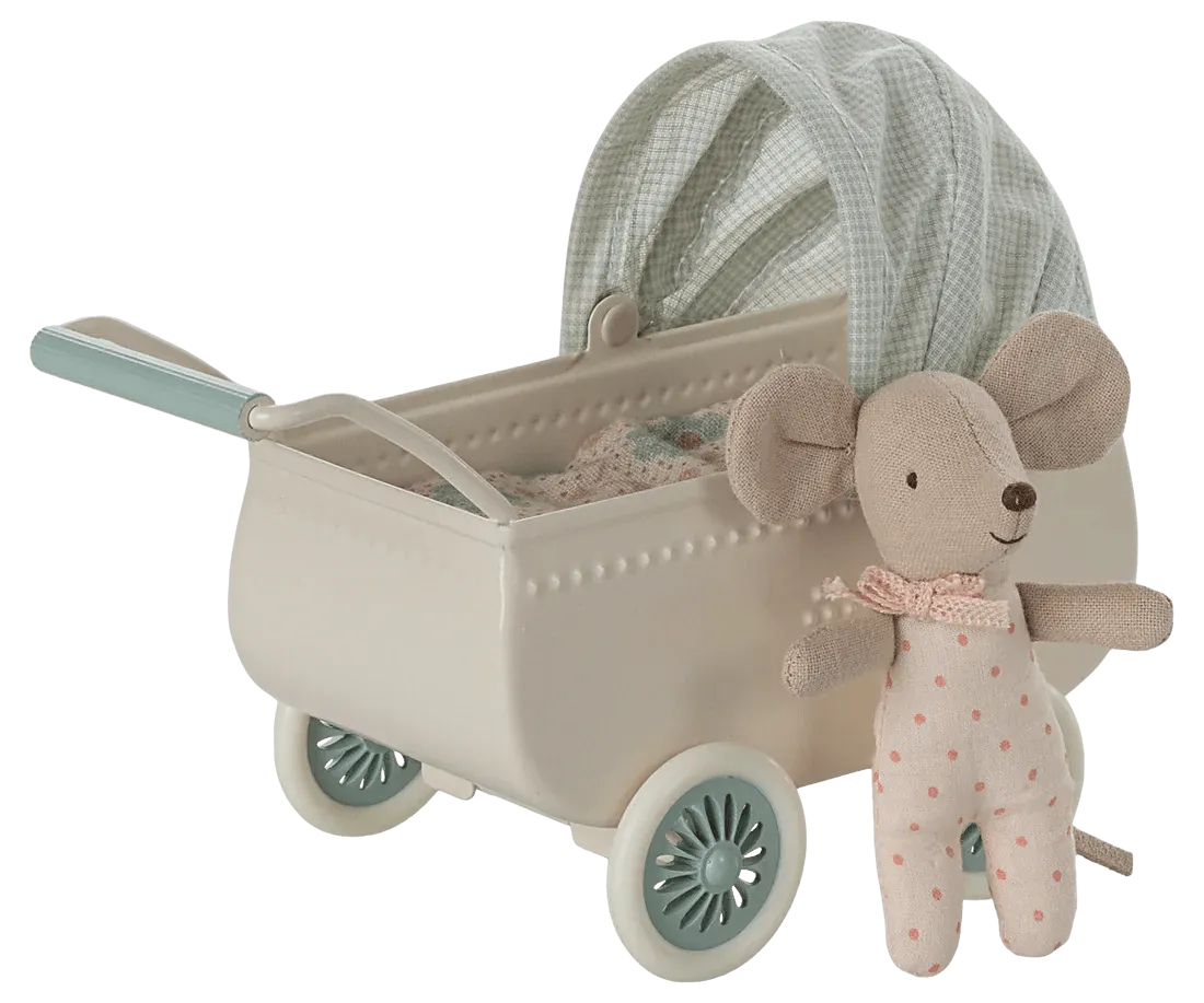 Maileg: Pram With Baby Mouse - Mint