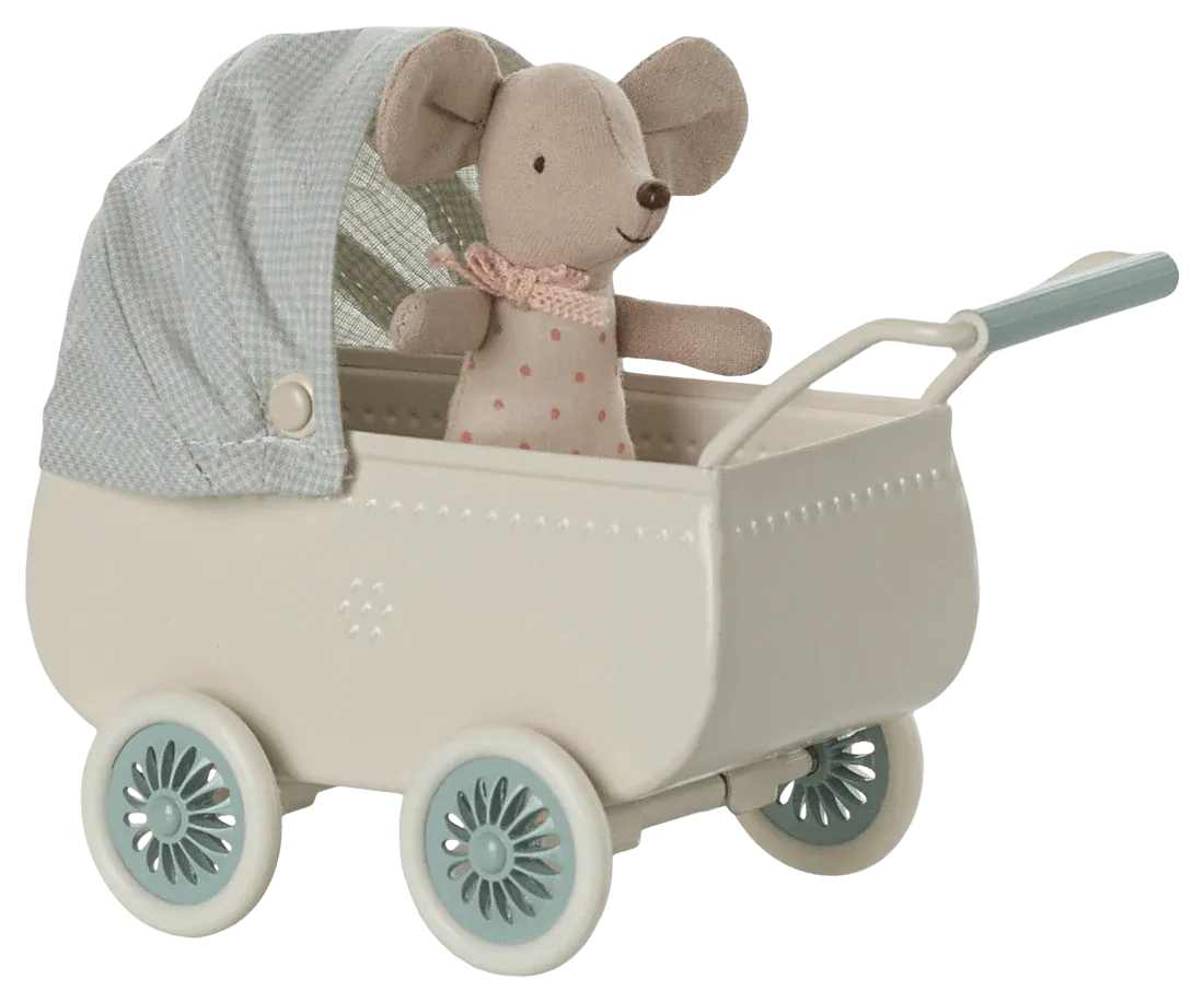 Maileg: Pram With Baby Mouse - Mint